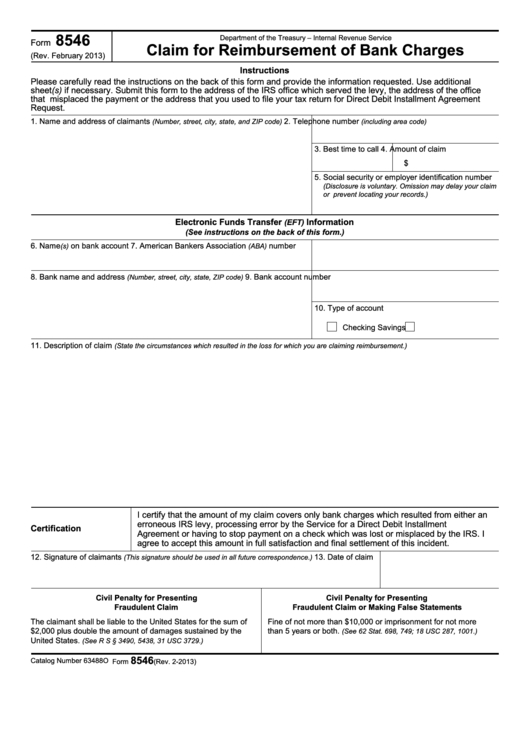 Form 8546 - Claim For Reimbursement Of Bank Charges