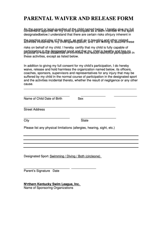 Parental Waiver And Release Form Printable pdf