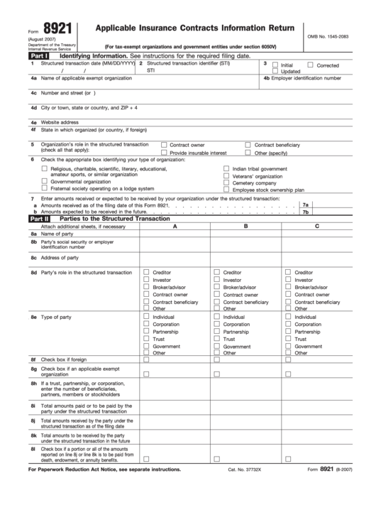 Form 8921 - Applicable Insurance Contracts Information Return Printable pdf