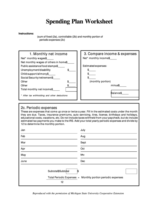 Monthly Spending Plan Worksheet Printable pdf