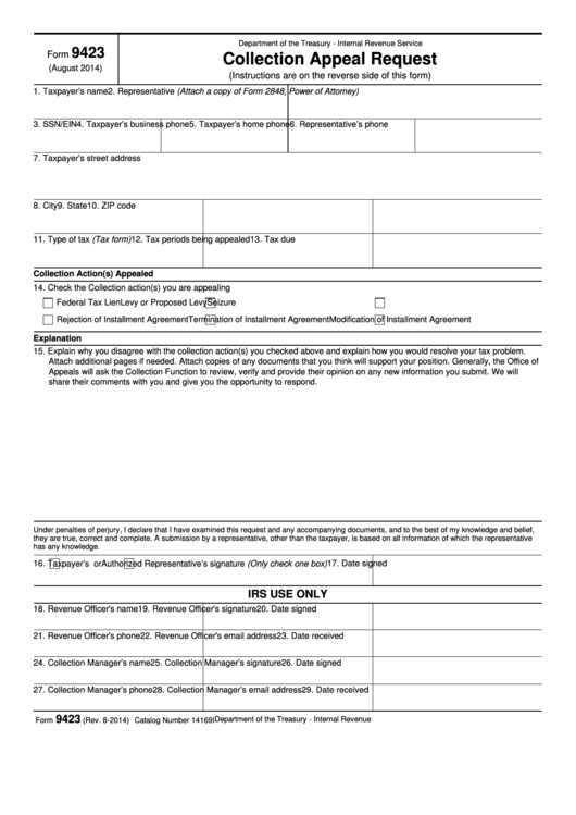 Form 9423 - Collection Appeal Request - 2014 Printable pdf