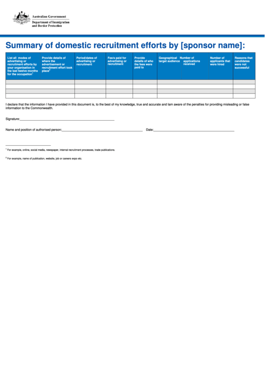 Domestic Recruitment Summary Table Printable pdf