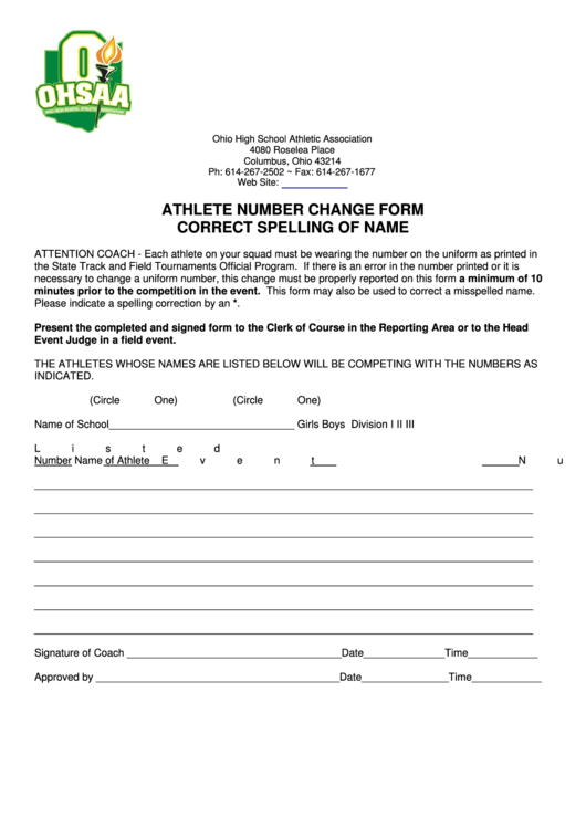 Athlete Number Change Form - Ohio High School Athletic Association Printable pdf