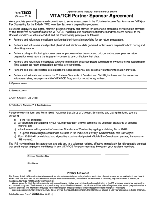 Form 13533 - Vita/tce Partner Sponsor Agreement Printable pdf