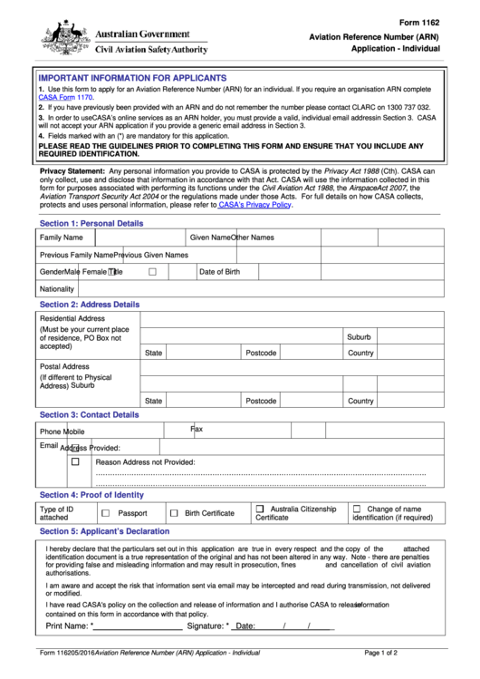 Fillable Form 1162 Aviation Reference Number Printable pdf