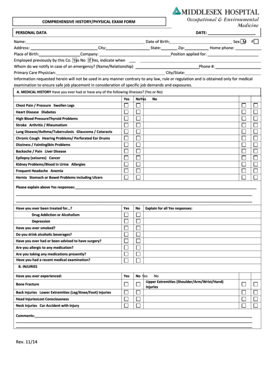 Comprehensive History Physical Exam Form - Middlesex Hospital