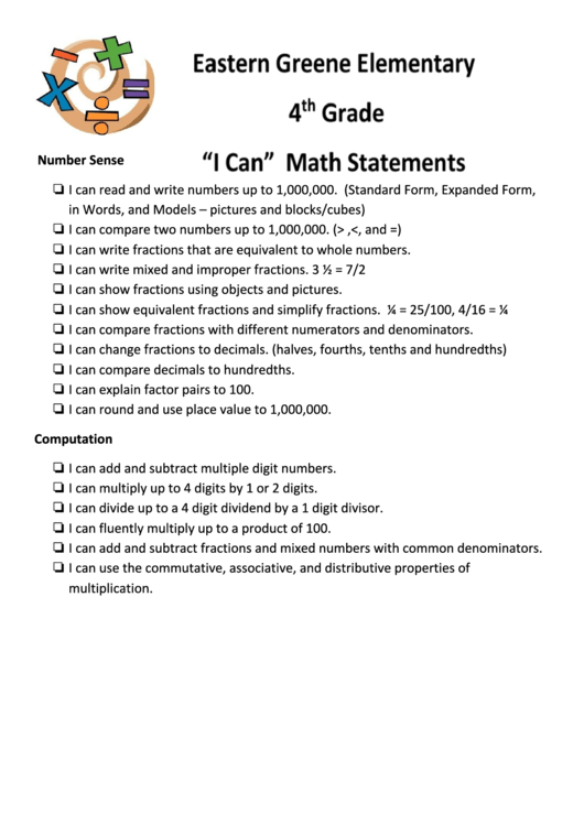 "I Can" Math Statements Checklist For Fourth Grade Students Printable pdf