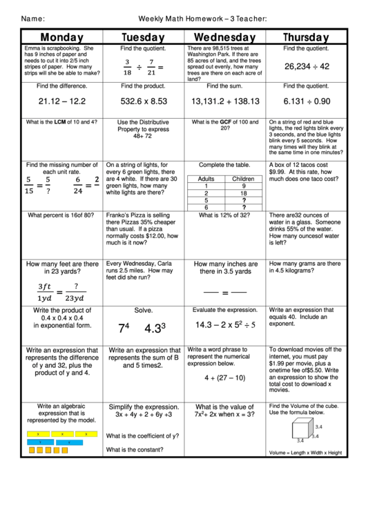 Weekly Homework Worksheet Printable pdf