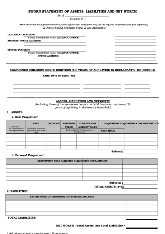 Sworn Statement Of Assets Liabilities And Net Worth Printable pdf