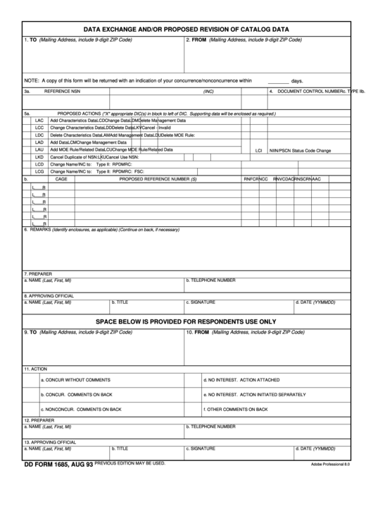 Fillable Dd Form 1685 - Data Exchange And/or Proposed Revision Of Catalog Data Printable pdf