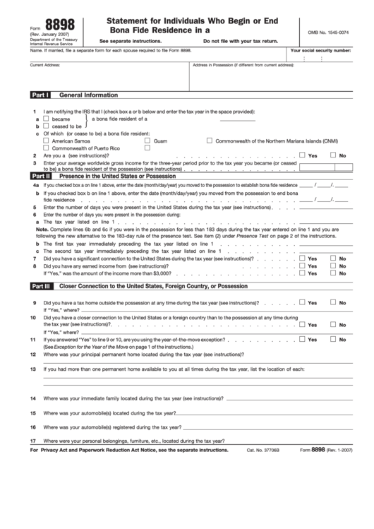 Form 8898 - Statement For Individuals Who Begin Or End Bona Fide Residence In A U.s. Possession Printable pdf
