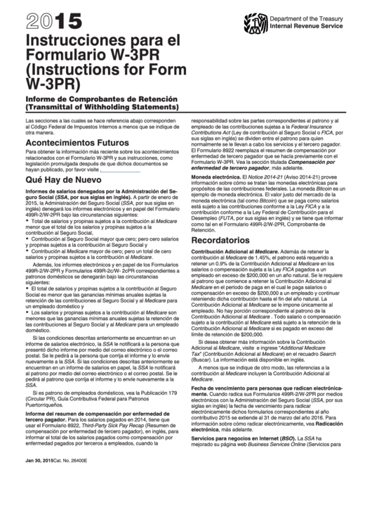 Instrucciones Para El Formulario W-3pr (Instructions For Form W-3pr) - 2015 Printable pdf