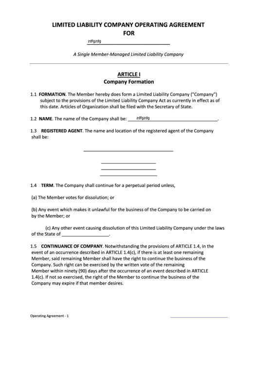 Fillable Limited Liability Company Operating Agreement Template Printable pdf