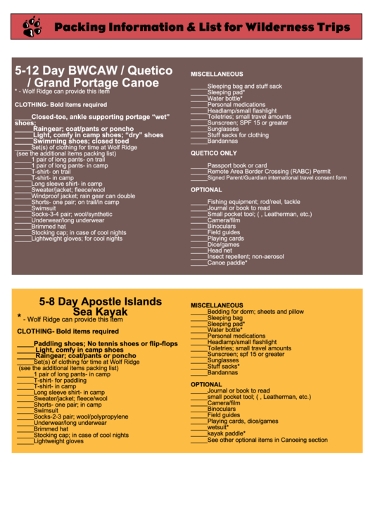 Packing Information & List For Wilderness Trips Printable pdf