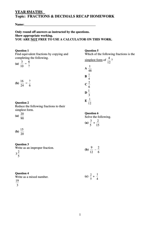 Fractions And Decimals Worksheet Printable pdf