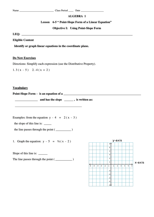 Point Slope Form Of A Linear Equation Printable pdf