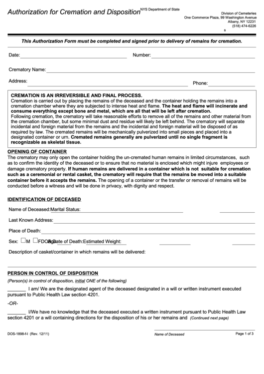 Fillable Dos-1898-F-L - Authorization For Cremation And Disposition Printable pdf