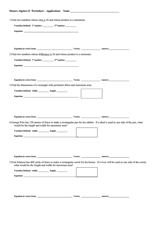 Honors Algebra Ii Worksheet Printable pdf