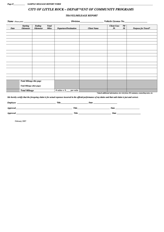 Mileage Report Form Printable pdf