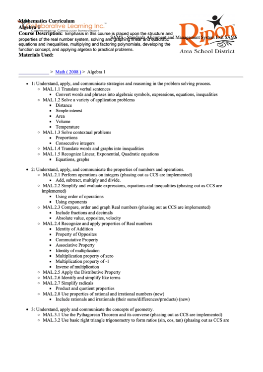 Algebra 1 Curriculum Printable pdf