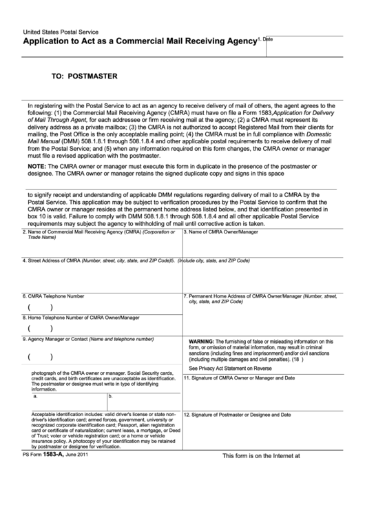 Form 1583a Application To Act As A Commercial Mail Receiving Agency About Usps Printable pdf