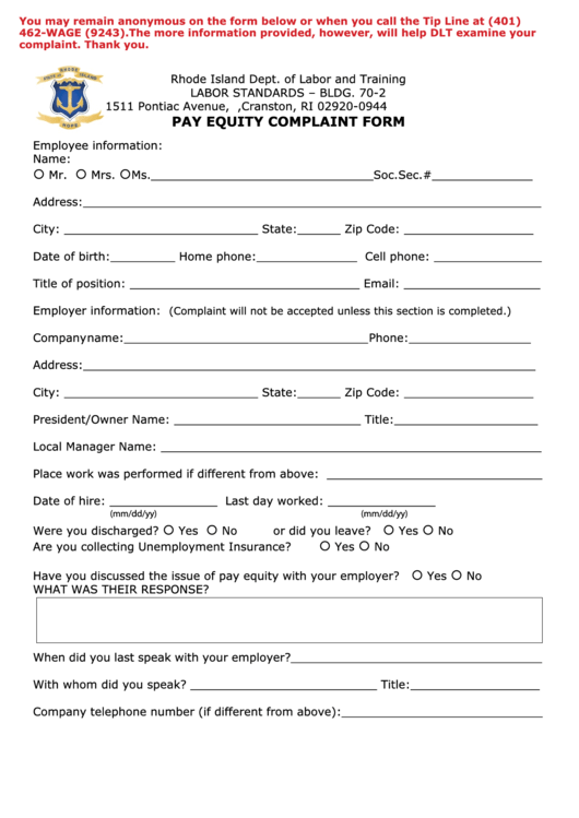 Pay Equity Complaint Form - Ri Department Of Labor And Training