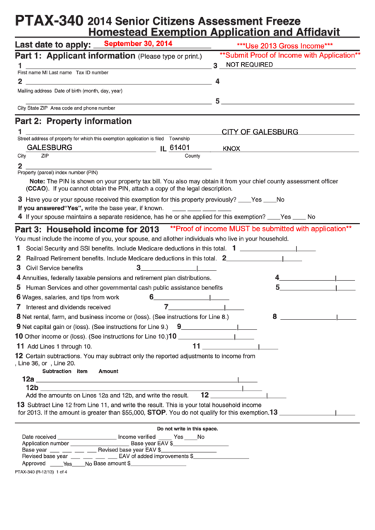 Form Ptax 340 - Senior Citizens Assessment Freeze Homestead Exemption Application And Affidavit - 2014