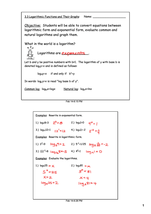 Logarithmic Functions And Their Graphs Worksheet
