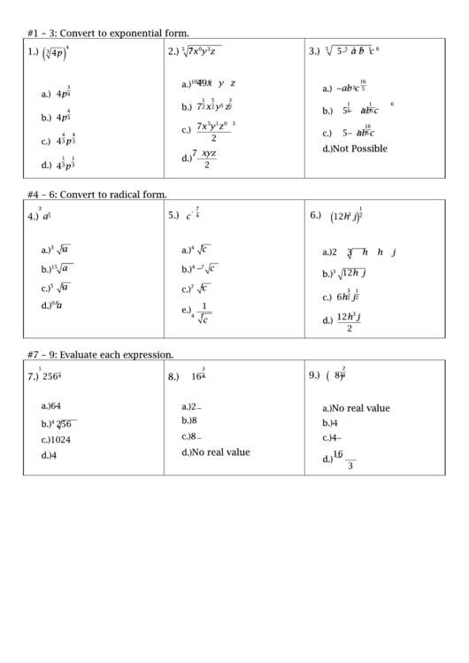 Converting To Exponential Form Worksheet Printable pdf