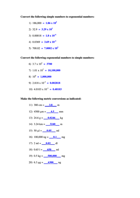 Converting Simple Numbers To Exponential Numbers Worksheet Printable pdf