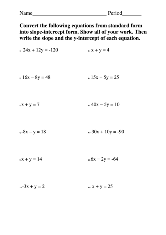 Convert The Following Equations From Standard Form Printable pdf
