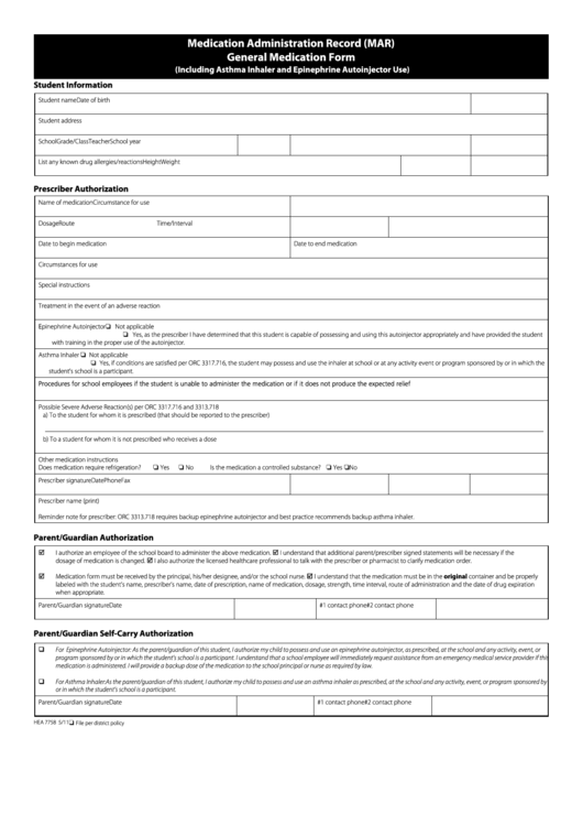 Medication Administration Record (Mar) General Medication Form Printable pdf