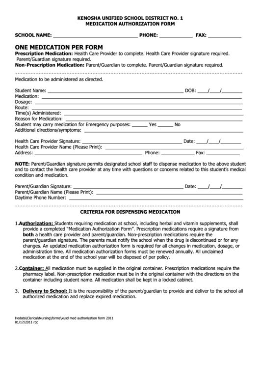 Kenosha Unified School District No. 1 Medication Authorization Form Printable pdf