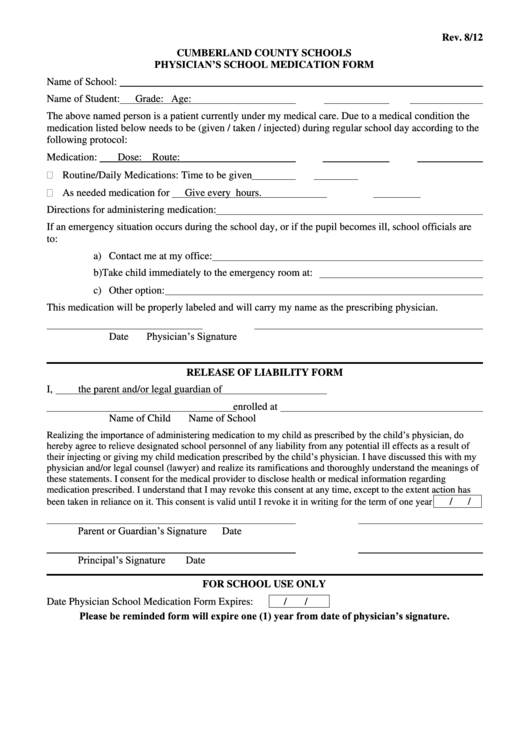 Physician'S School Medication Form printable pdf download