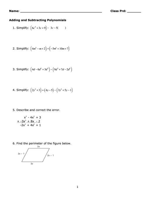 Adding And Subtracting Polynomials Printable pdf