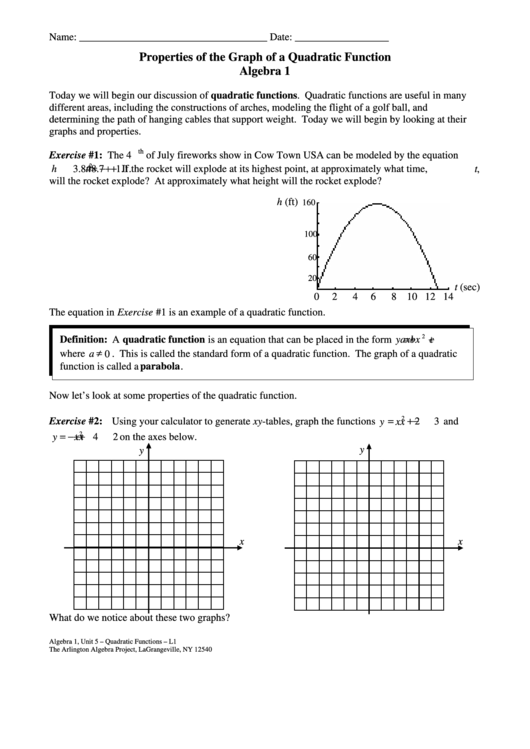 Properties Of The Graph Of A Quadratic Function Worksheet Printable pdf