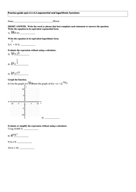 Exponential And Logarithmic Functions Worksheet Printable pdf