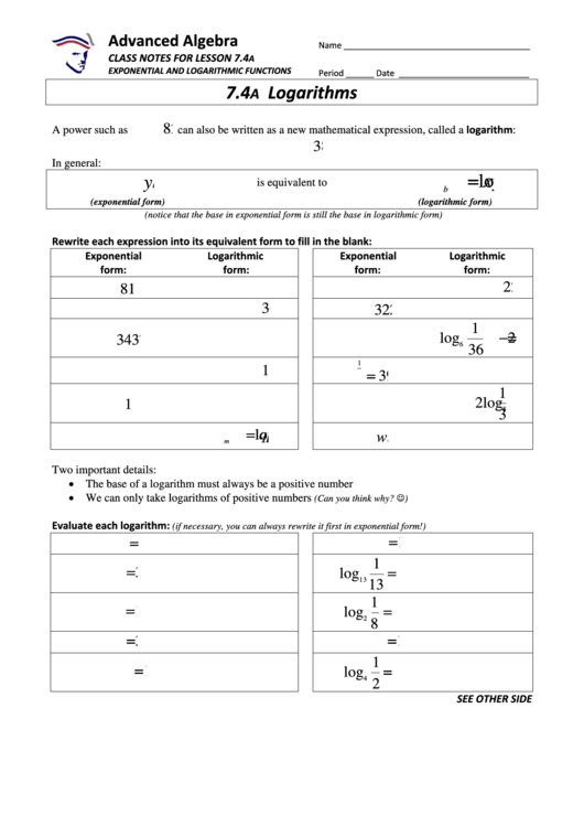 Logarithms Worksheet Printable pdf