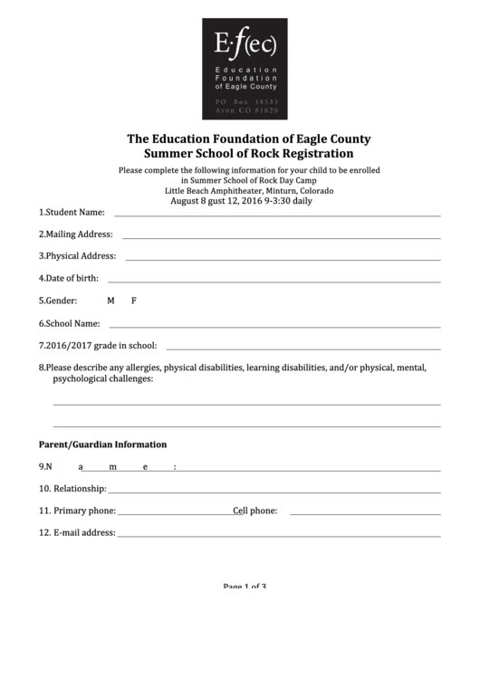 English Form Efec Summer School Printable pdf