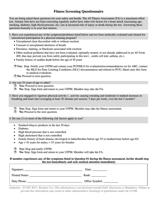 Fitness Screening Questionnaire - Dyess Fss Printable pdf