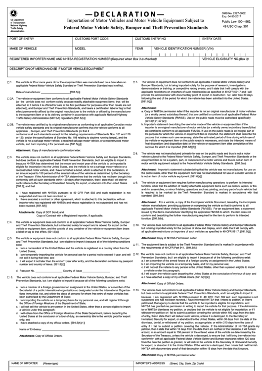 Hs-7 - Declaration - Importation Of Motor Vehicles And Motor Vehicle Equipment Printable pdf