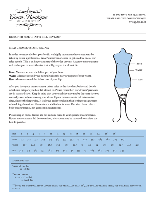 Bill Levkoff Designer Size Chart printable pdf download