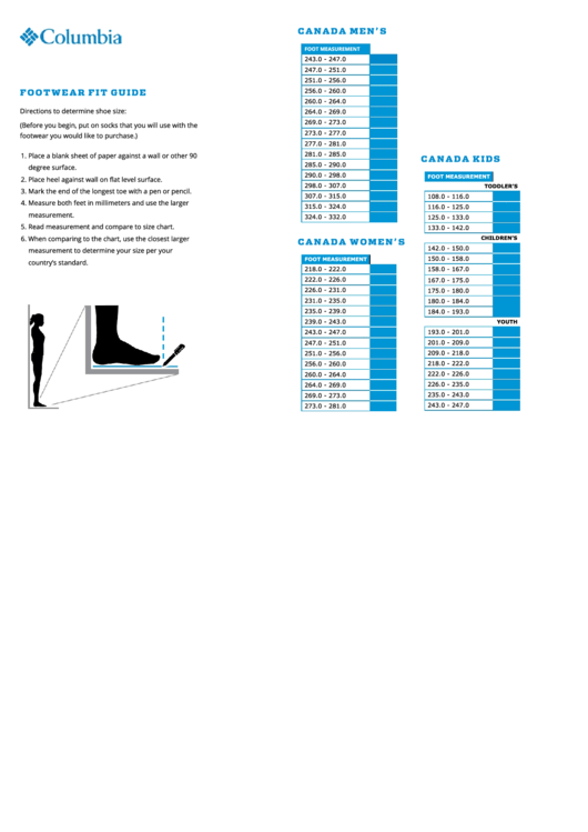 Columbia Footwear Fit Guide & Size Chart printable pdf download