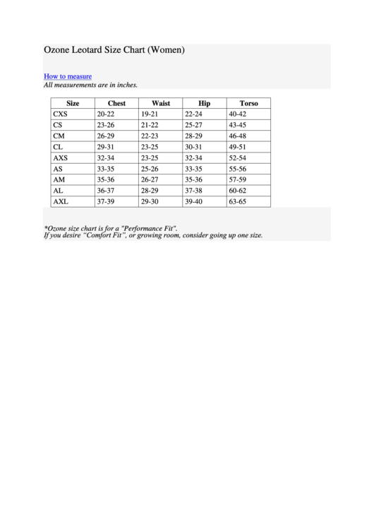 Ozone Women Leotard Size Chart Printable pdf
