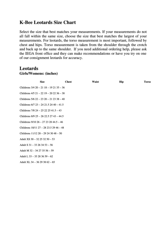 K-Bee Leotards Size Chart Printable pdf