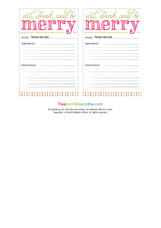Fillable Holiday Recipe Card Template Printable pdf
