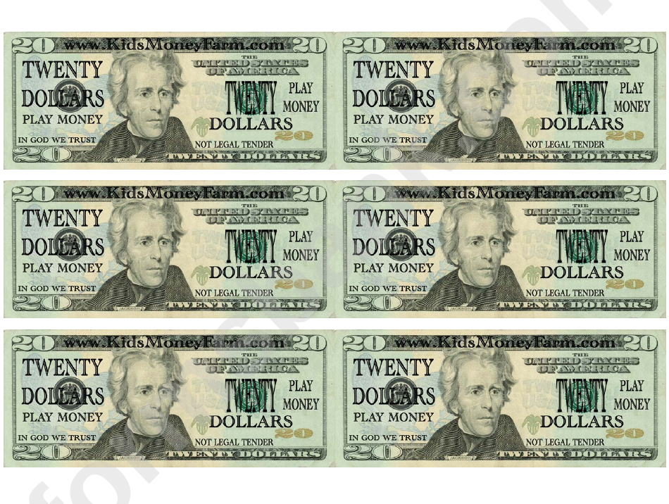 Twenty Dollar Bill Play Money Template Printable Pdf Download