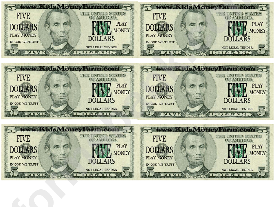 Five Dollar Bill Play Money Template Printable Pdf Download