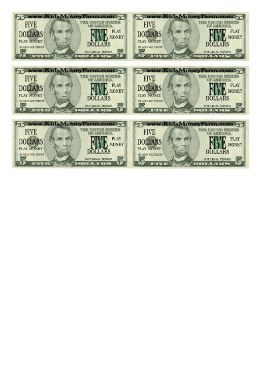 Five Dollar Bill Play Money Template