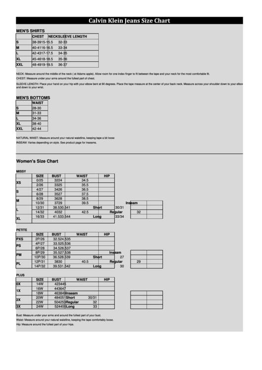 Calvin Klein Jeans Size Chart Printable pdf